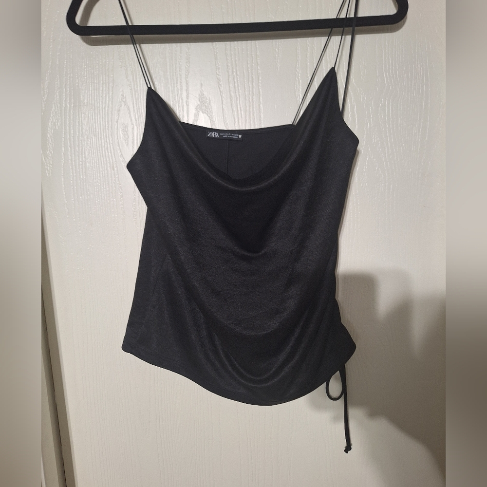 Zara Black Sheen Ruched Tie Front Spaghetti Strap Cowl Kneck Top